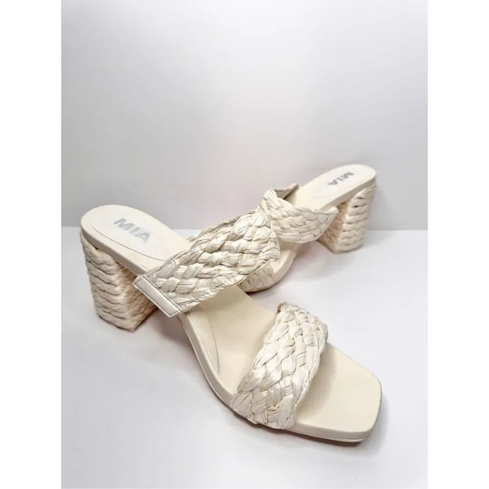 MIA Raffia Sandals Womens Size 10 Cream Double‎ Strap Block Heel